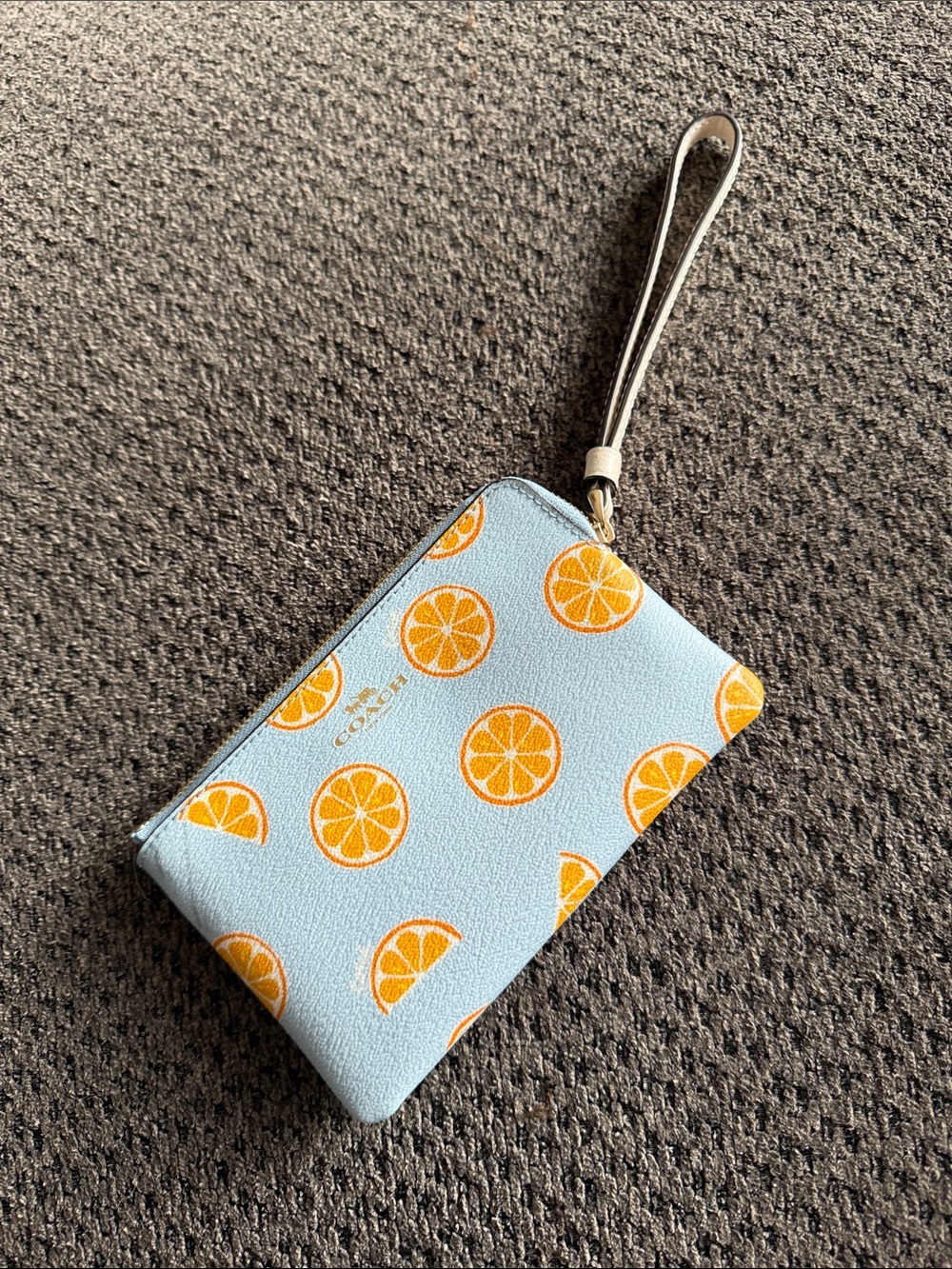 Coach Light Blue Wristlet with Orange slice Citrus Print